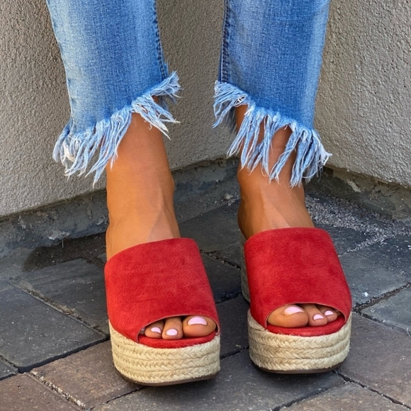 Schutz Red Suede Slide Espadrille Wedge Sandals - Picture 2 of 9